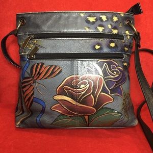 Anna by Anuschka leather boho crossbody bag w/ hand painted flowers butterflies